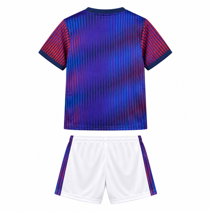 Ensemble PSG Pre-Match enfant 2026-2027, maillot et short vus de dos sur fond blanc
