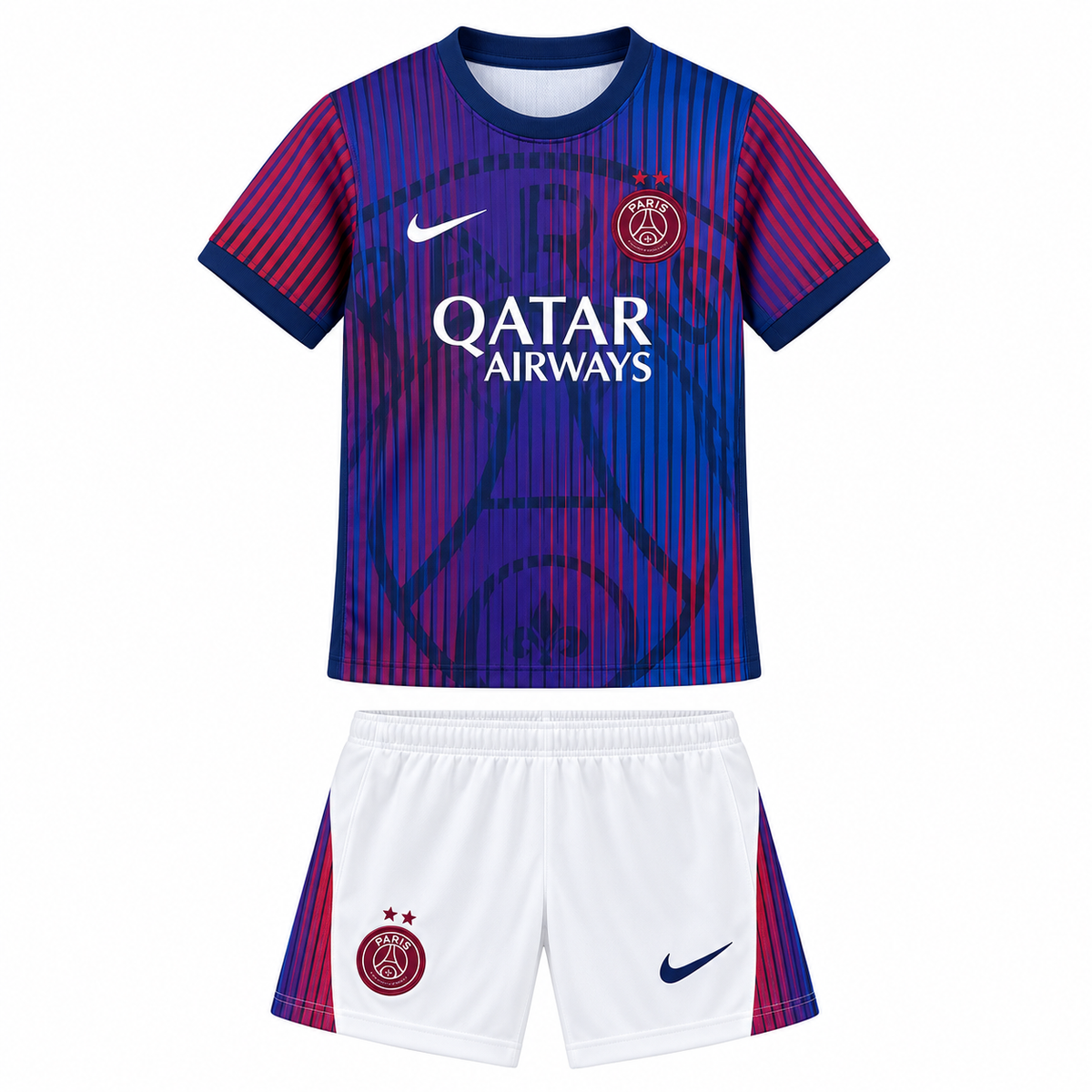 Ensemble PSG Pre-Match enfant 2026-2027, maillot et short vus de face sur fond blanc