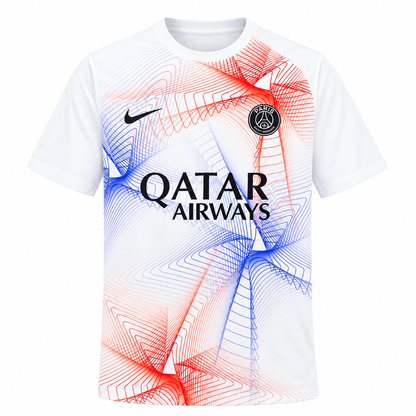 Maillot PSG Pre-Match 2026-2027, face blanche à motif rouge et bleu sur fond blanc