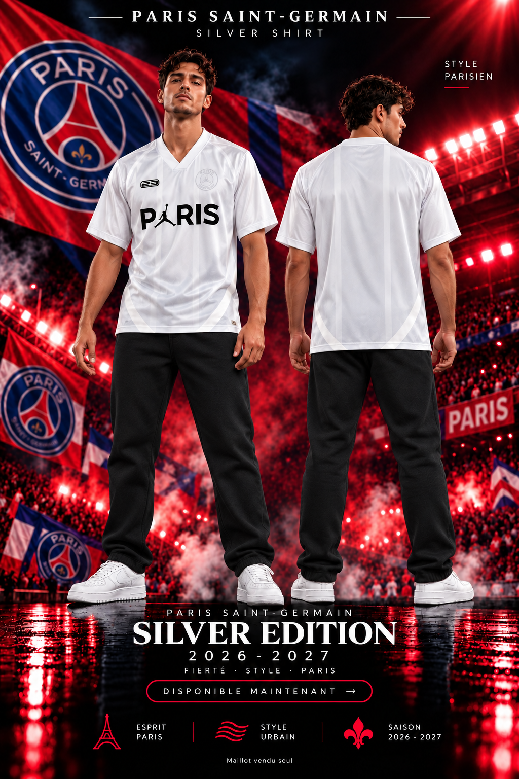 Affiche PSG Silver 2026-2027, mannequin en jogging noir de face et de dos