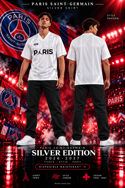 Affiche PSG Silver 2026-2027, mannequin en jogging noir de face et de dos