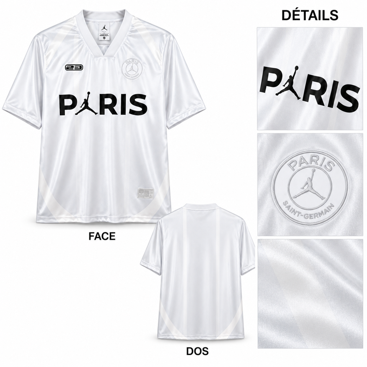 PSG Silver 2026-2027, face dos et détails inscription PARIS écusson argenté et tissu sur fond blanc