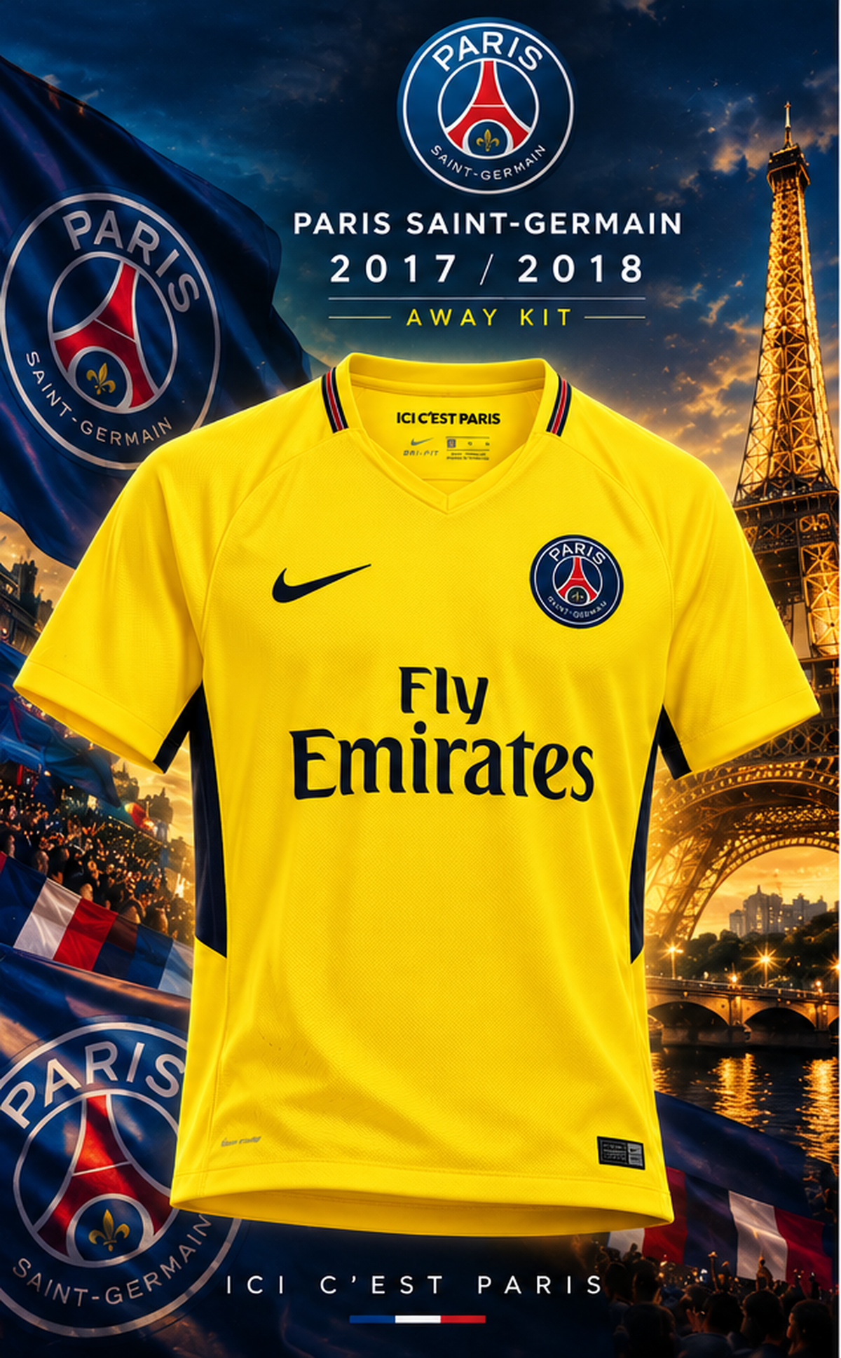 PSG extérieur rétro jaune 2017/2018 sans cintre - affiche