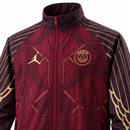 Détails du col du zip et des motifs de la veste PSG Jordan