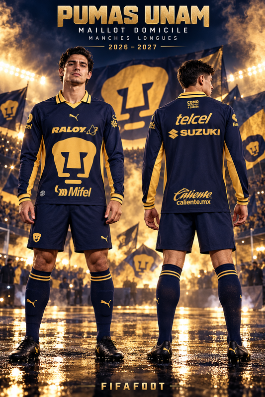 Maillot Pumas UNAM domicile 2026-2027 à manches longues bleu marine et doré – affiche