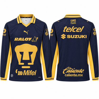 Maillot Pumas UNAM domicile 2026-2027 à manches longues bleu marine et doré – face-dos