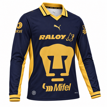Maillot Pumas UNAM domicile 2026-2027 à manches longues bleu marine et doré – perspective