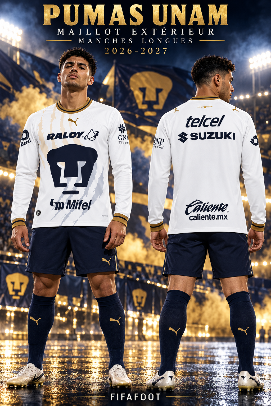 Maillot Pumas UNAM extérieur 2026-2027 à manches longues – affiche de présentation face et dos