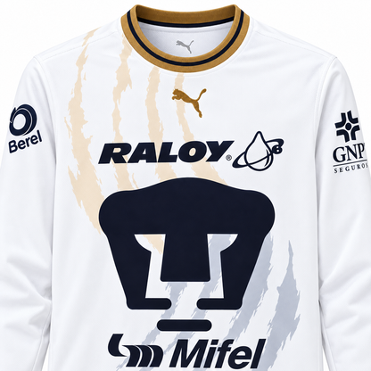 Maillot Pumas UNAM extérieur 2026-2027 à manches longues – détails du col et des motifs