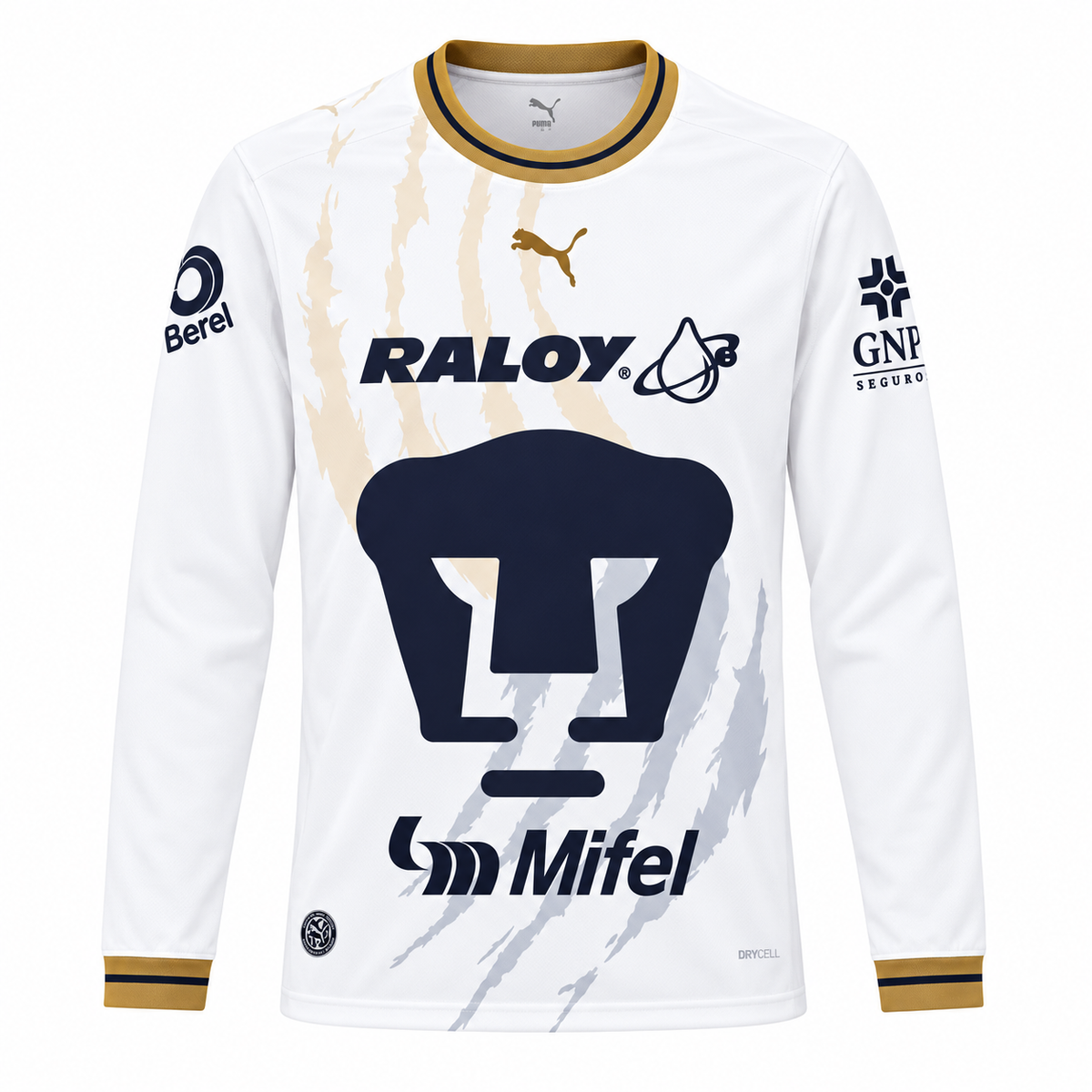 Maillot Pumas UNAM extérieur 2026-2027 à manches longues blanc et doré – vue de face