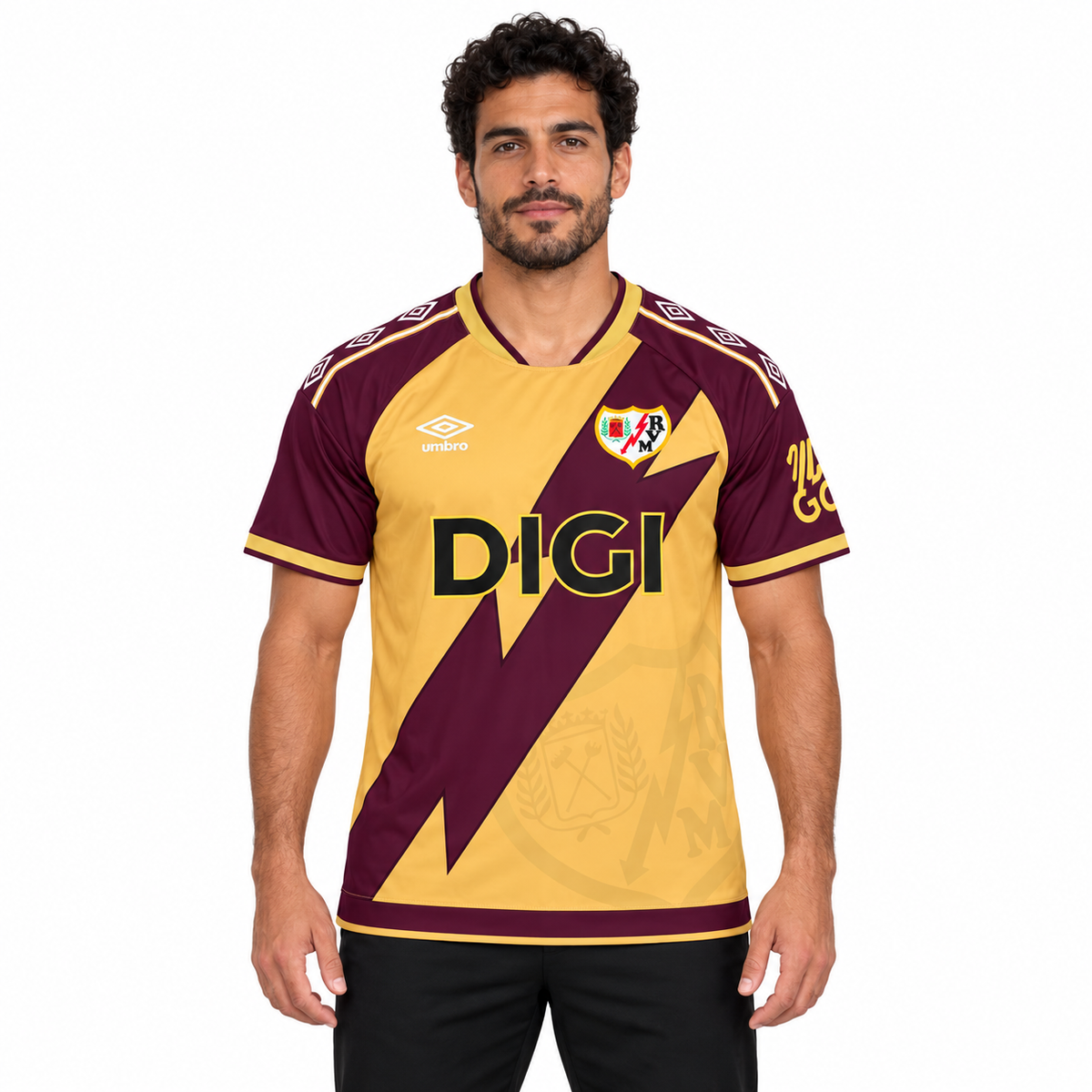 Maillot Rayo Vallecano Third 2026-2027 doré et bordeaux — mannequin