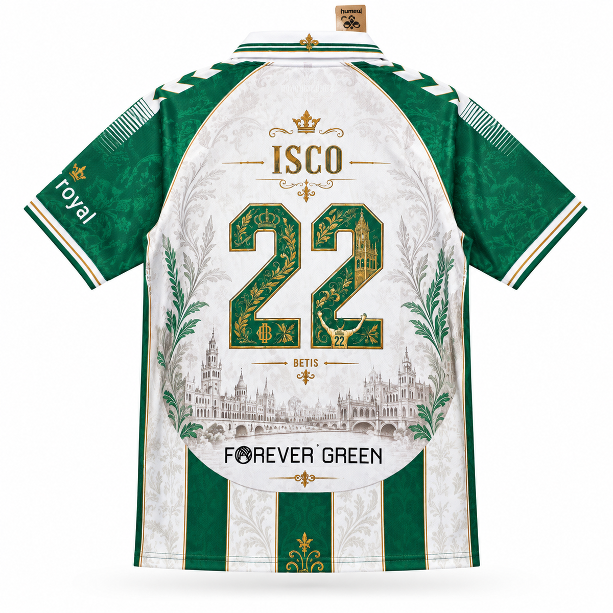Dos du maillot commémoratif Real Betis 26/27 ISCO 22 sur fond blanc