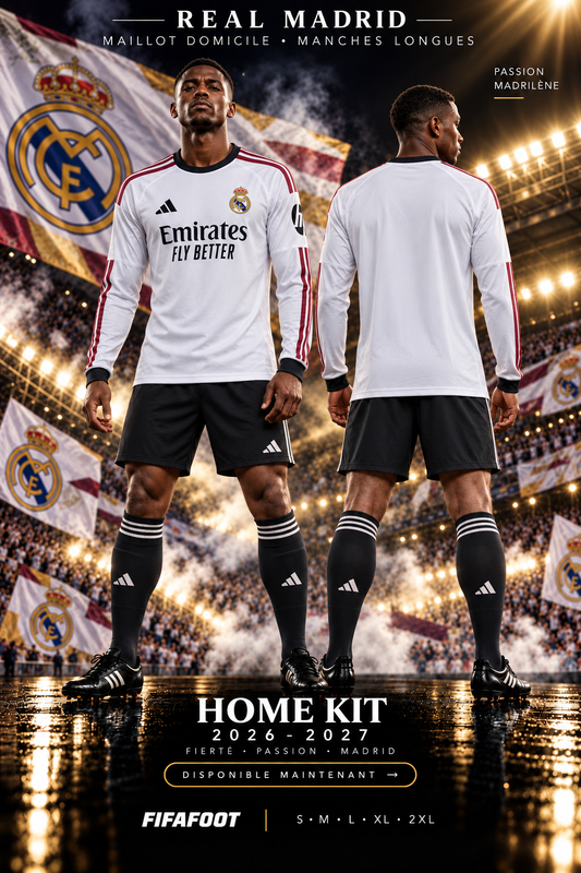 Maillot Real Madrid domicile 2026-2027 manches longues – affiche avec mannequin de face et de dos