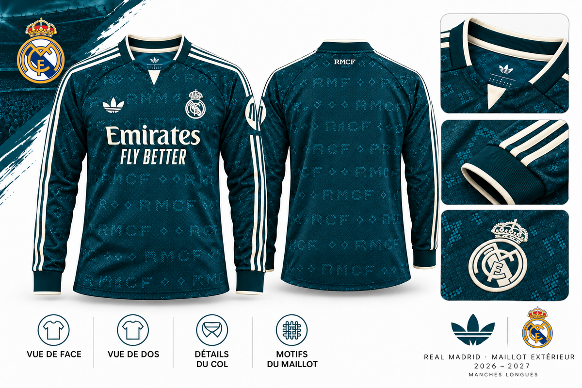 Maillot Real Madrid extérieur 2026-2027 manches longues — détails