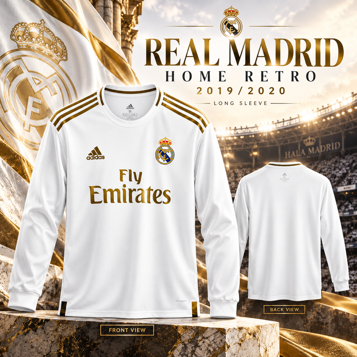 Real Madrid maillot domicile rétro blanc or manches longues 2019/20 - affiche