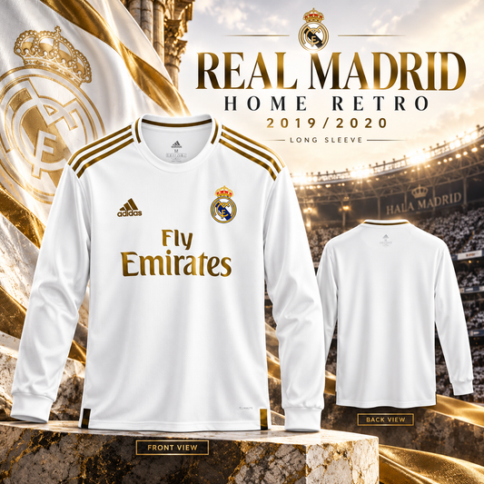 Real Madrid maillot domicile rétro blanc or manches longues 2019/20 - affiche