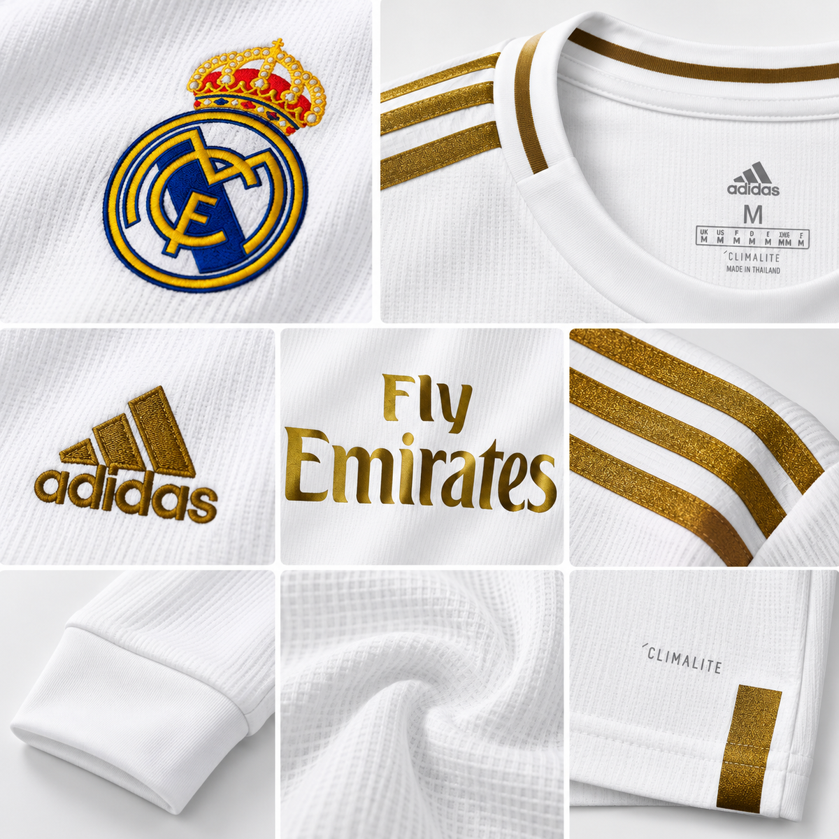 Real Madrid maillot domicile rétro blanc or manches longues 2019/20 - detail