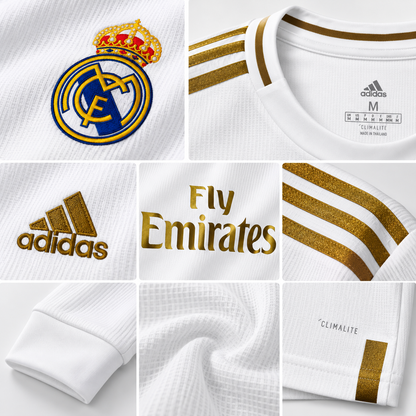 Real Madrid maillot domicile rétro blanc or manches longues 2019/20 - detail