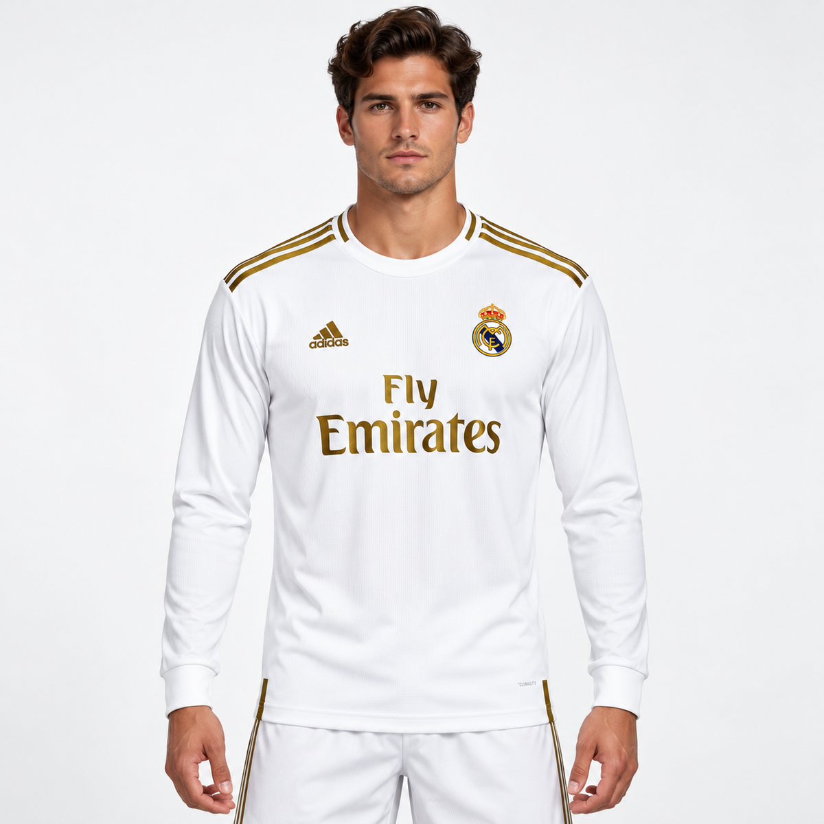 Real Madrid maillot domicile rétro blanc or manches longues 2019/20 - mannequin
