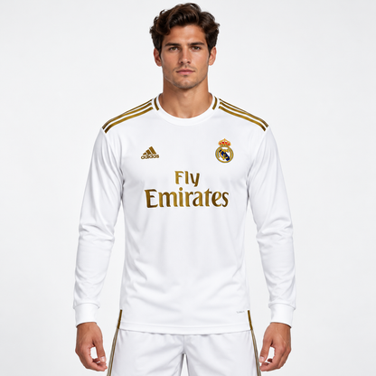 Real Madrid maillot domicile rétro blanc or manches longues 2019/20 - mannequin