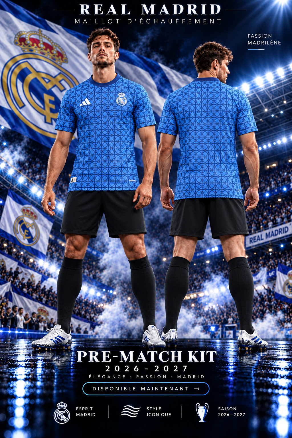Affiche premium Real Madrid pre-match 2026 2027 - maillot bleu face et dos