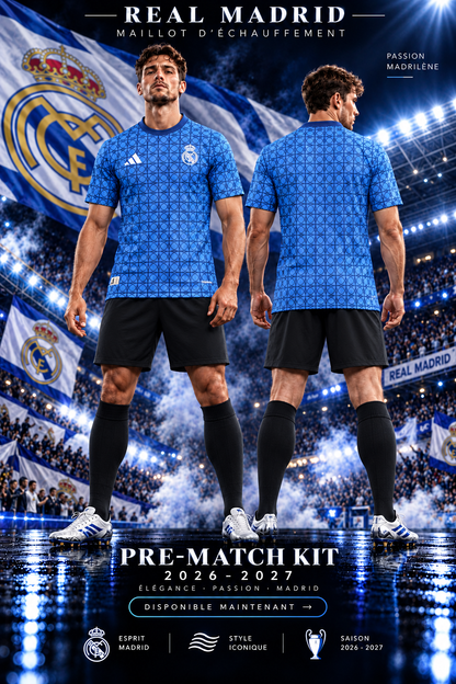 Affiche premium Real Madrid pre-match 2026 2027 - maillot bleu face et dos