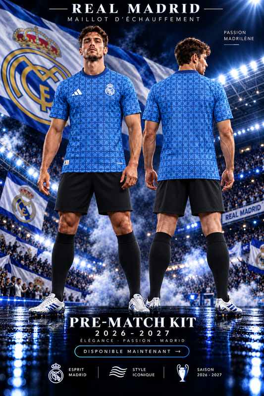 Affiche premium Real Madrid pre-match 2026 2027 - maillot bleu face et dos