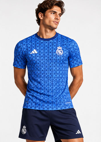Maillot Real Madrid 2026 2027 pre-match porté par un mannequin masculin