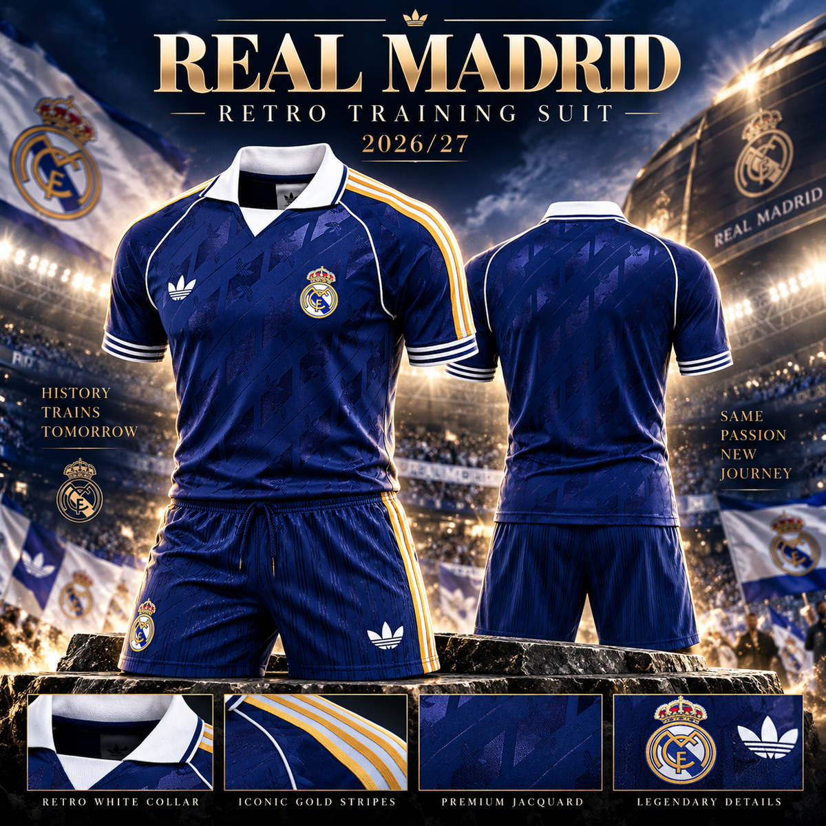 Ensemble Real Madrid rétro bleu royal 2026/2027 affiche
