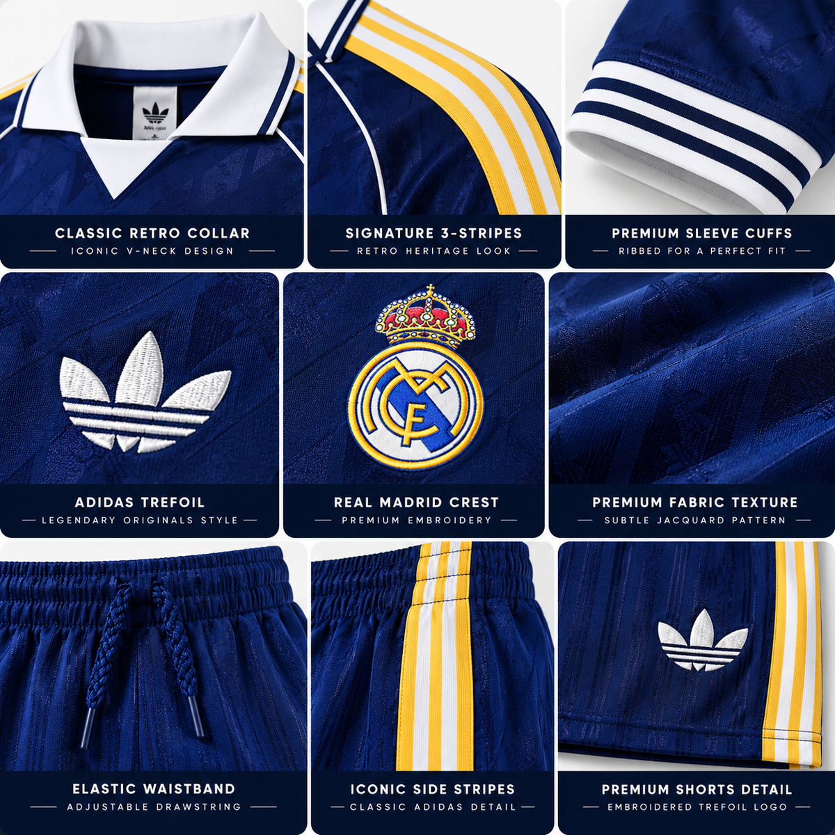 Ensemble Real Madrid rétro bleu royal 2026/2027 detail