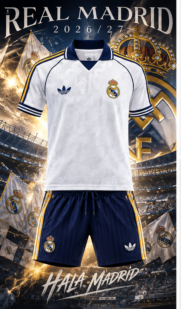 Real Madrid ensemble rétro entraînement 2026/27 maillot blanc short marine affiche