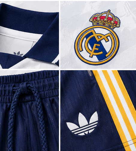 Real Madrid ensemble rétro entraînement 2026/27 maillot blanc short marine detail