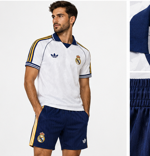 Real Madrid ensemble rétro entraînement 2026/27 maillot blanc short marine mannequin
