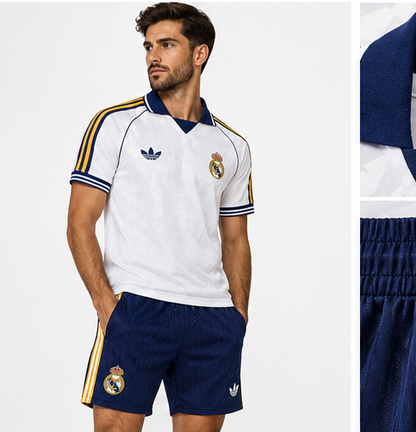 Real Madrid ensemble rétro entraînement 2026/27 maillot blanc short marine mannequin