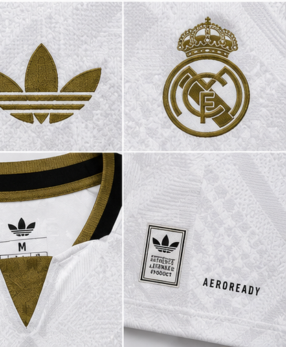 Détail logos dorés et matière maillot Real Madrid Special Edition