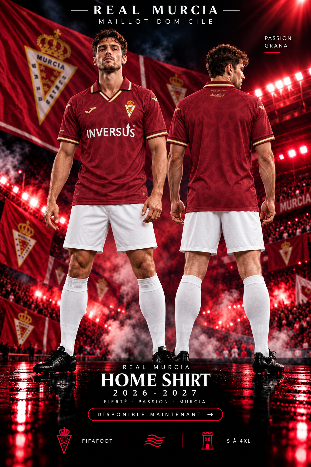 Affiche Real Murcia domicile 2026-2027, mannequins de face et de dos