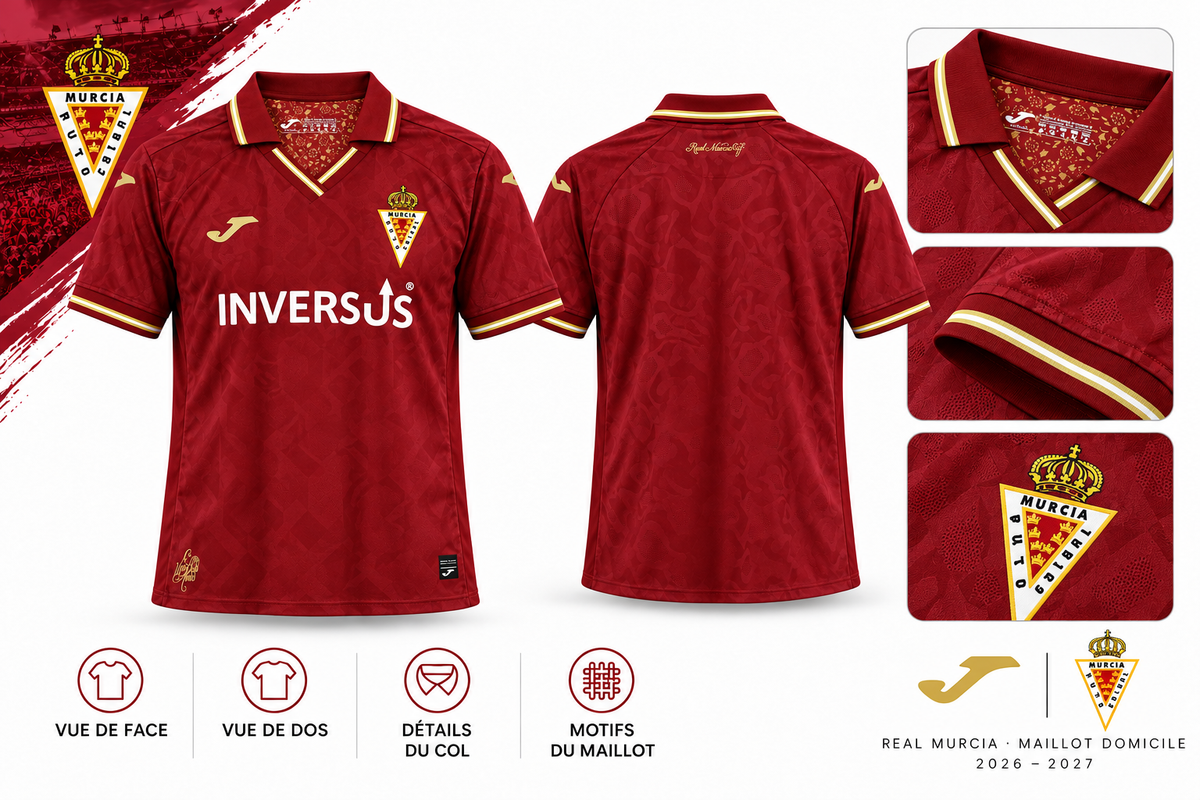 Maillot Real Murcia domicile 2026-2027, détails du col, des manches et de l’écusson