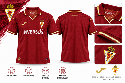 Maillot Real Murcia domicile 2026-2027, détails du col, des manches et de l’écusson