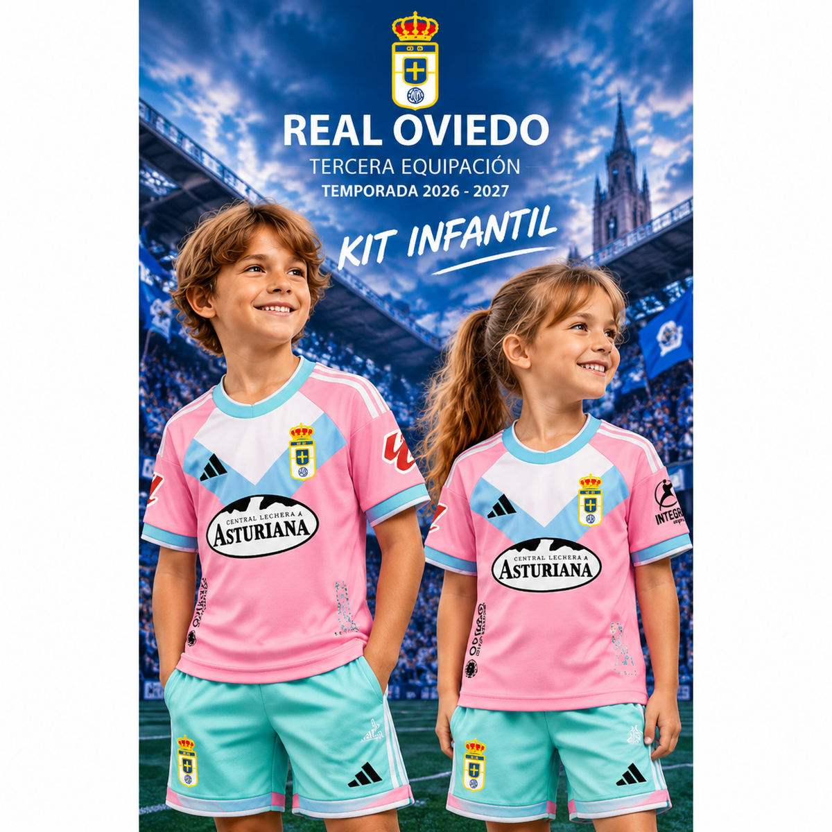 Affiche principale kit enfant Real Oviedo Third 2026-2027, deux enfants portant le maillot rose et short turquoise