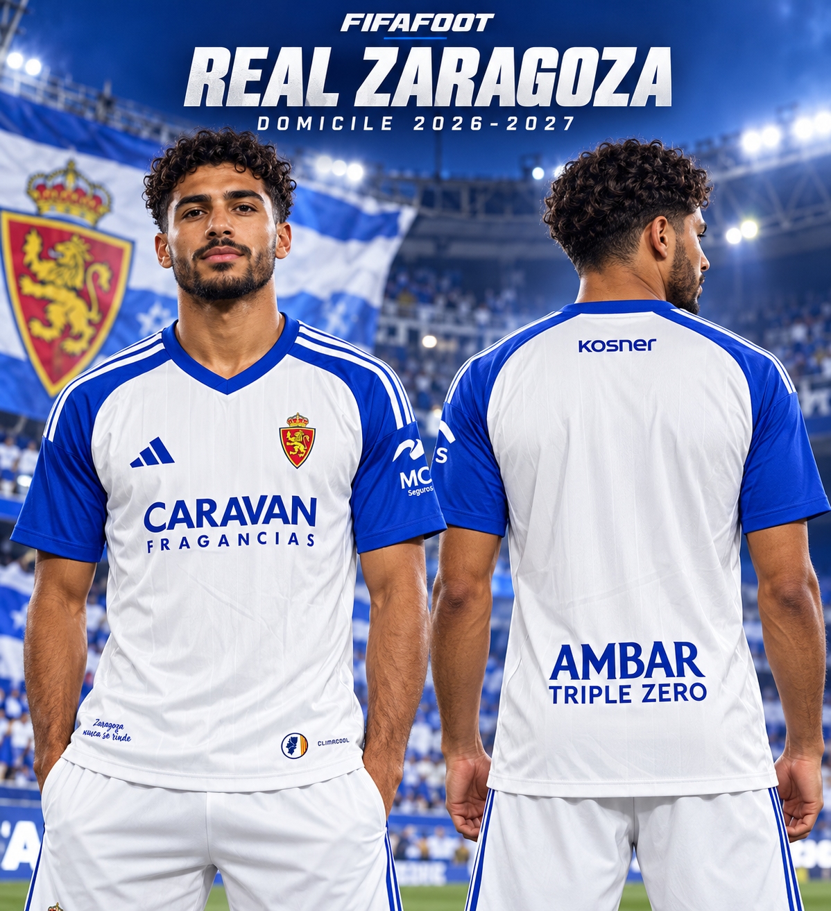 Affiche FIFAFOOT du maillot Real Zaragoza domicile 2026-2027, mannequin de face et de dos
