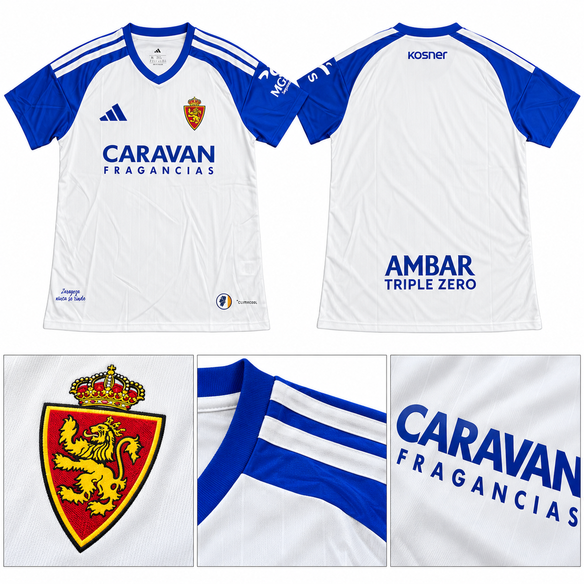 Détails du maillot Real Zaragoza domicile 2026-2027 : écusson, col bleu, bandes des épaules et sponsor