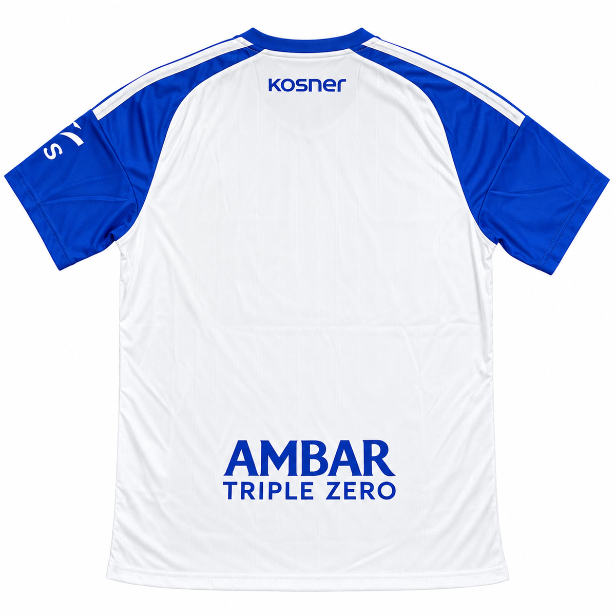 Maillot Real Zaragoza domicile 2026-2027, vue de dos sur fond blanc avec kosner et AMBAR TRIPLE ZERO