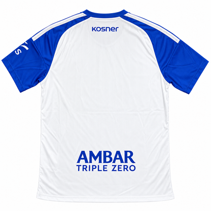 Maillot Real Zaragoza domicile 2026-2027, vue de dos sur fond blanc avec kosner et AMBAR TRIPLE ZERO