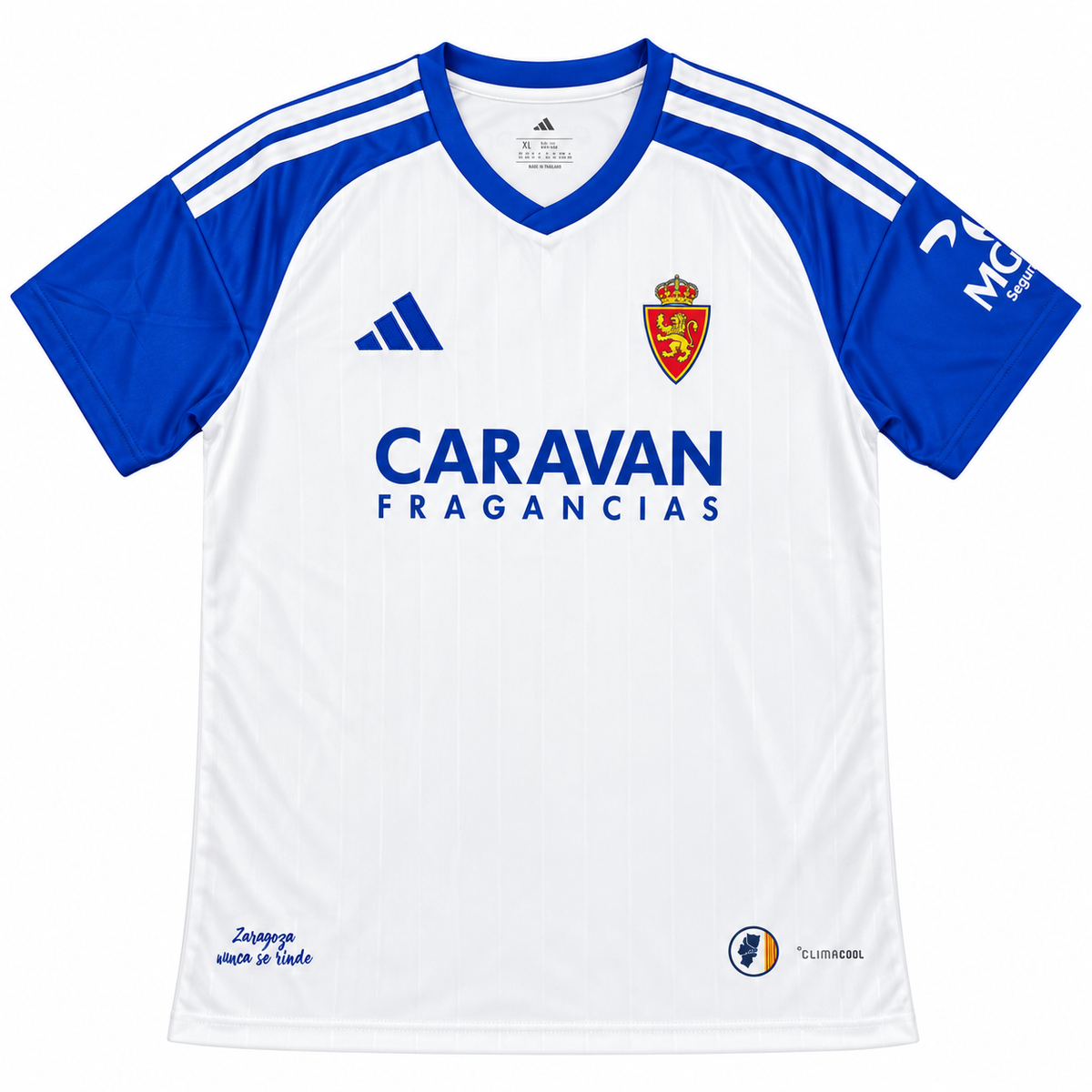 Maillot Real Zaragoza domicile 2026-2027 blanc et bleu, vue de face sur fond blanc