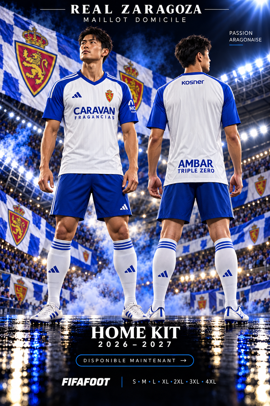 Maillot Real Zaragoza domicile 2026-2027 – affiche avec nouveau mannequin de face et de dos