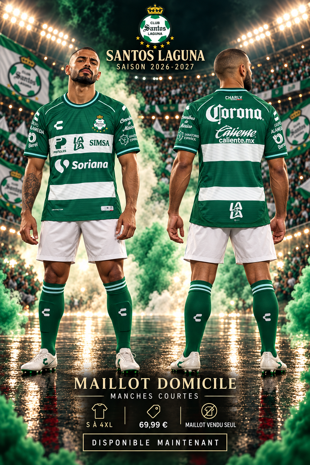 Santos Laguna domicile 2026-2027 — affiche mannequin face et dos