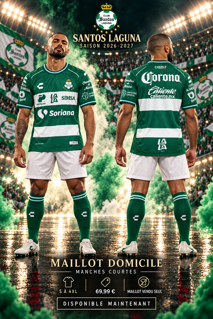Santos Laguna domicile 2026-2027 — affiche mannequin face et dos