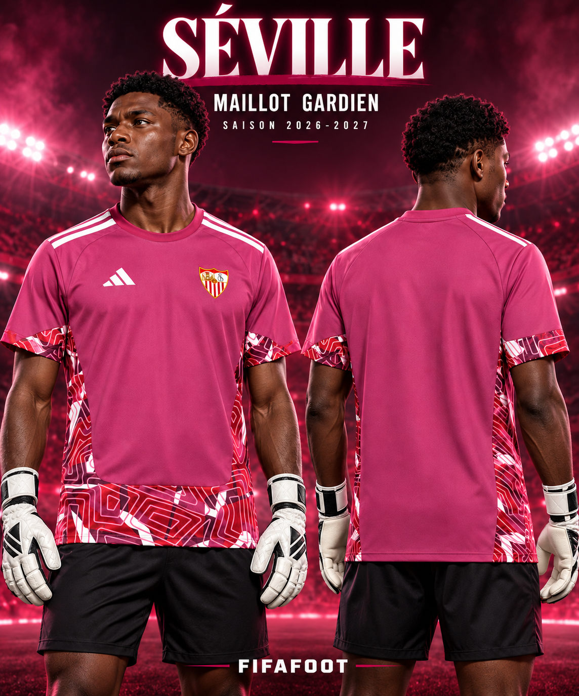 Affiche maillot FC Séville gardien homme 2026-2027 — mannequin avec gants de gardien de face et de dos