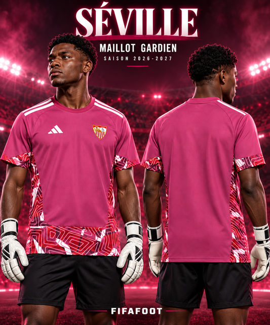 Affiche maillot FC Séville gardien homme 2026-2027 — mannequin avec gants de gardien de face et de dos