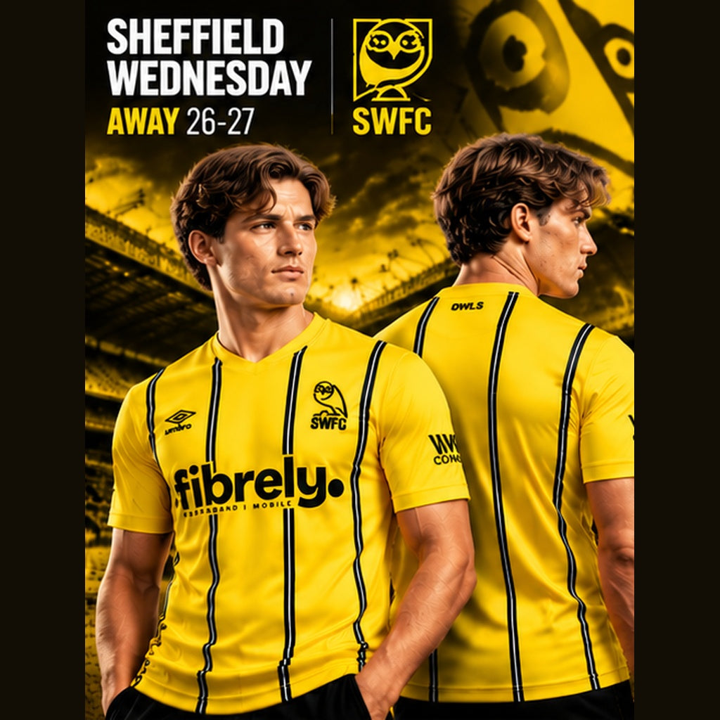 Affiche premium Sheffield Wednesday Away 2026-2027, deux mannequins masculins de face et de dos